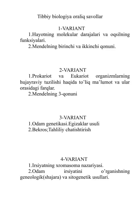 Tibbiy biologiya oraliq savollar