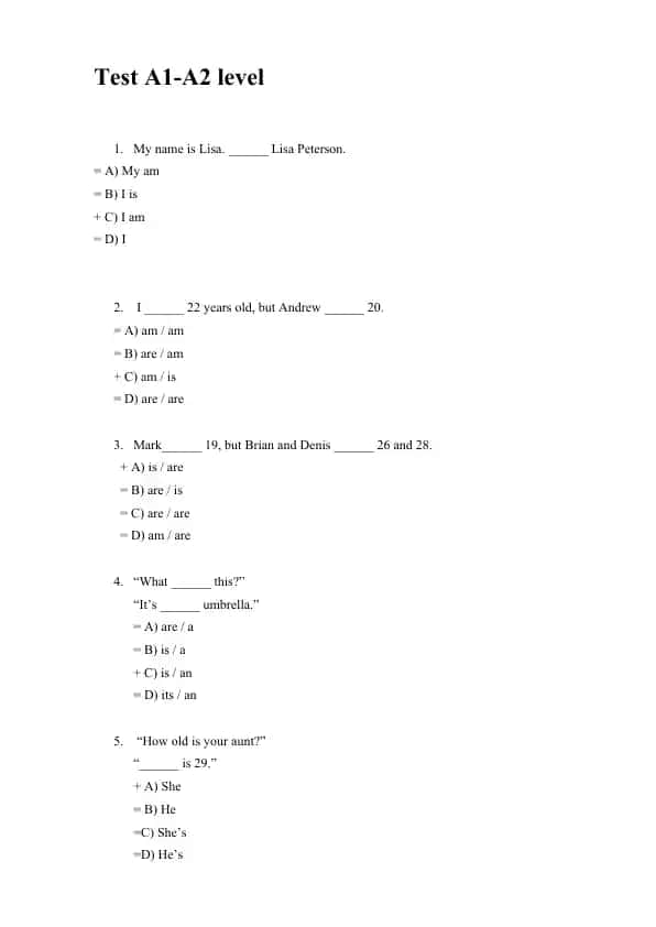 English Grammar Test A1-A2 level