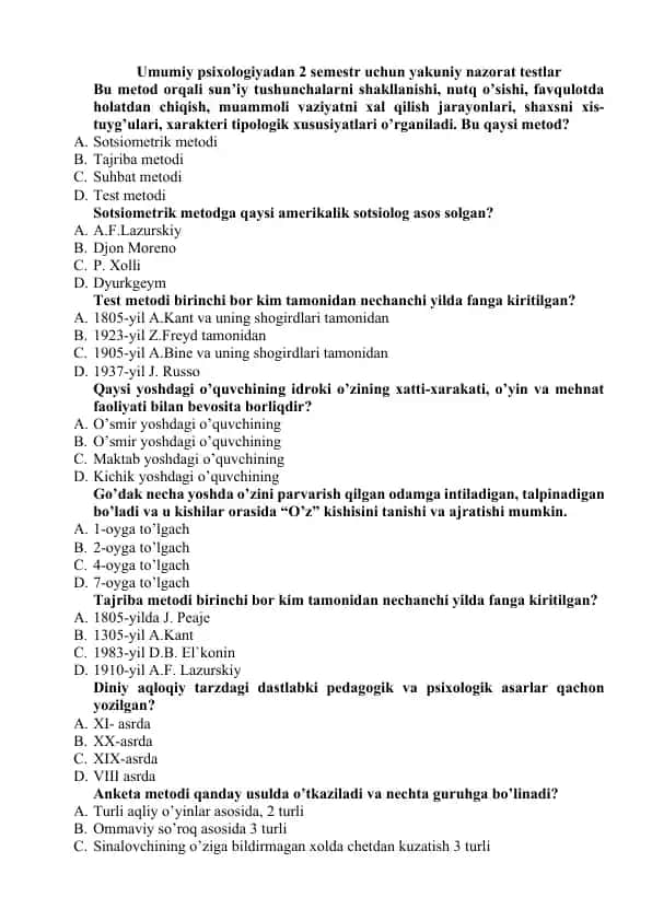 Umumiy psixologiyadan 2-semestr yakuniy nazorat testlari