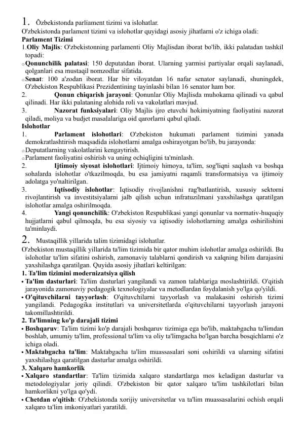 O'zbekistonda parliament tizimi va islohatlar