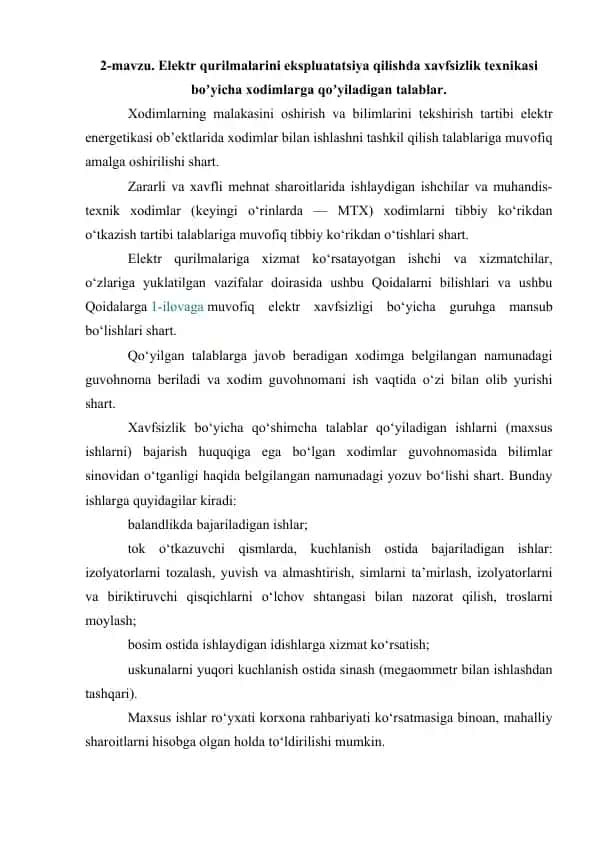 Elektr qurilmalarini ekspluatatsiya qilishda xavfsizlik texnikasi