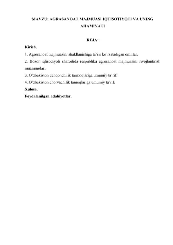Agrosanoat majmuasi iqtisotiyoti va uning ahamiyati