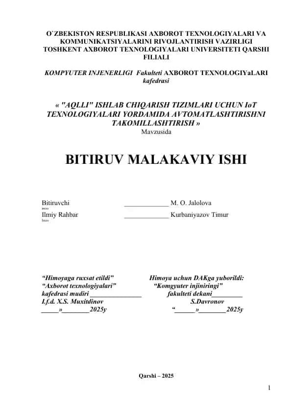 "AQLLI" ISHLAB CHIQARISH TIZIMLARI UCHUN IoT TEXNOLOGIYALARI YORDAMIDA AVTOMATLASHTIRISHNI TAKOMILLASHTIRISH