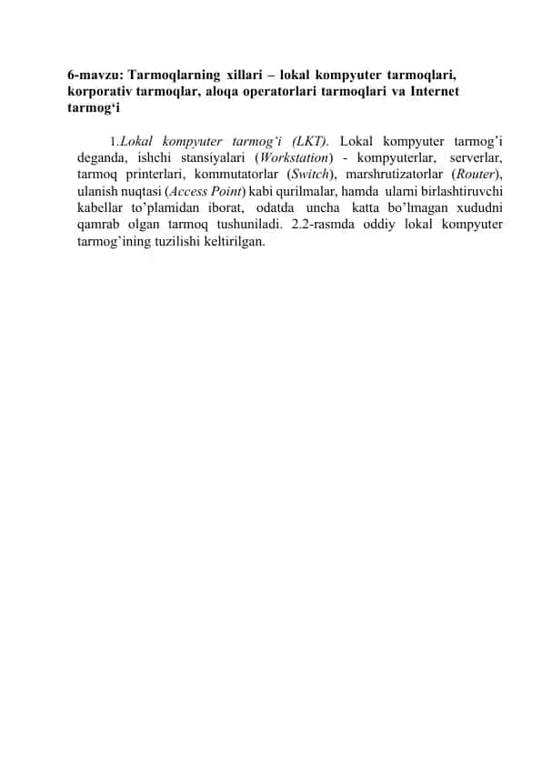 Tarmoqlarning xillari
