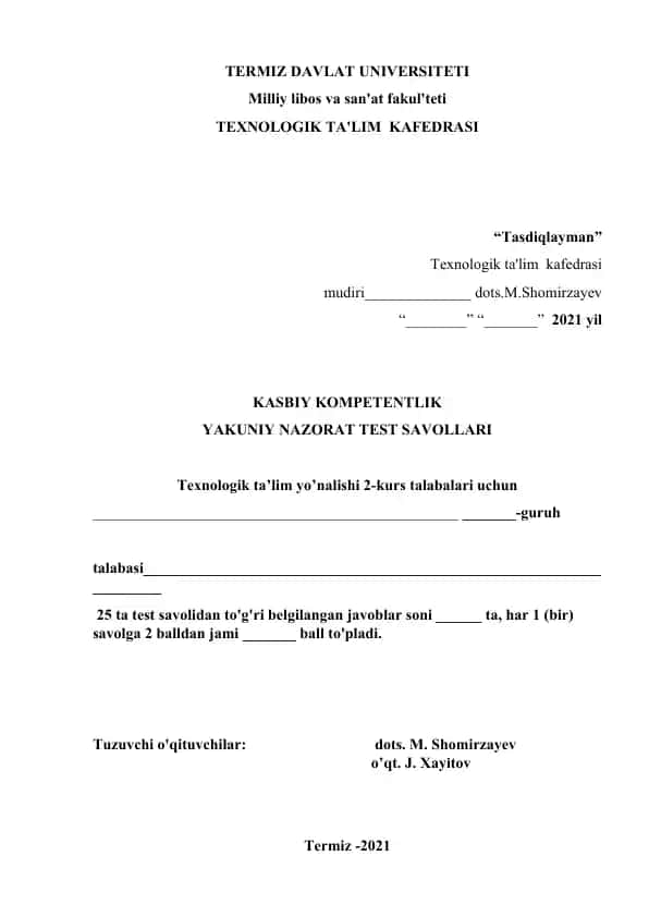 Yakuniy Nazorat Test Savollari