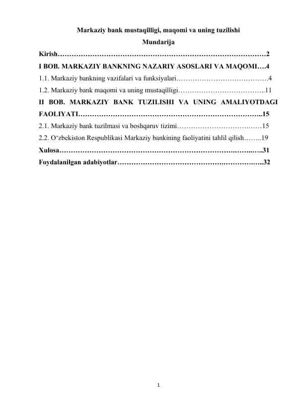 Markaziy bank mustaqilligi, maqomi va uning tuzilishi
