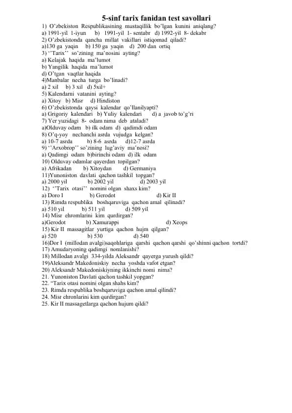 5-sinf tarix fanidan test savollari