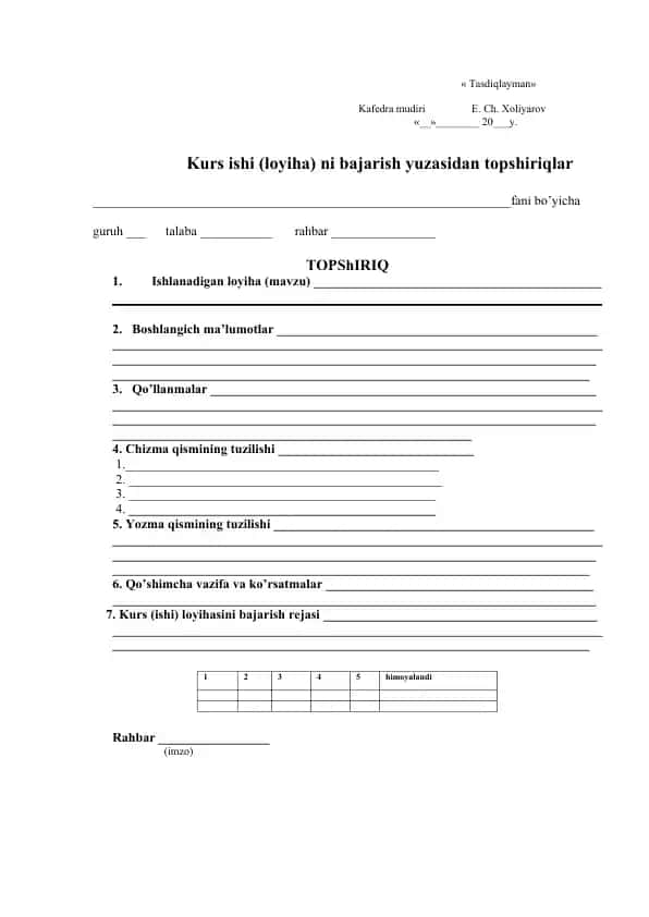 Kurs ishi (loyiha) bajarish yuzasidan topshiriqlar