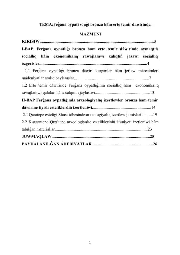 Ferǵana oypati sonǵi bronza hám erte temir dawirinde