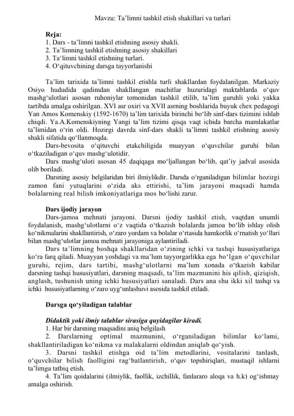 Ta’limni tashkil etish shakillari va turlari