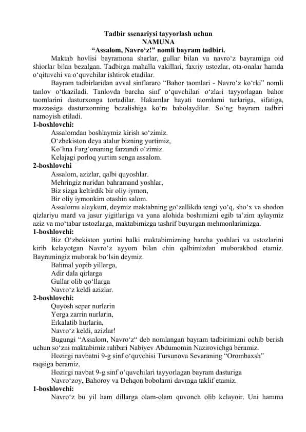 Assalom, Navro‘z! Bayram tadbiri ssenariysi