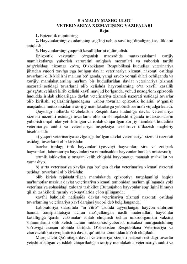 Veterinariya xizmatining vazifalari