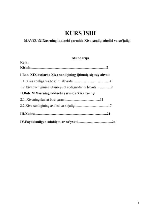 Kurs ishi: XIX asrning ikkinchi yarmida Xiva xonligi aholisi va xo‘jaligi