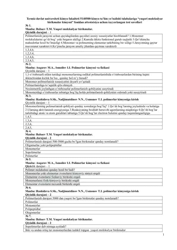 "Polimerlar kimyosi" test savollari