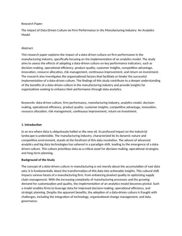 The Impact of Data-Driven Culture on Firm Performance in the Manufacturing Industry: An Analytics Model