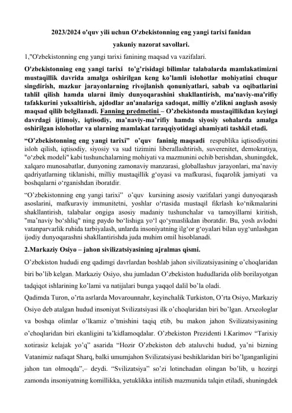 O'zbekistonning eng yangi tarixi fanidan yakuniy nazorat savollari