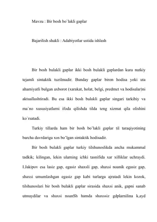 Bir bosh bo`lakli gaplar haqida taqdimot