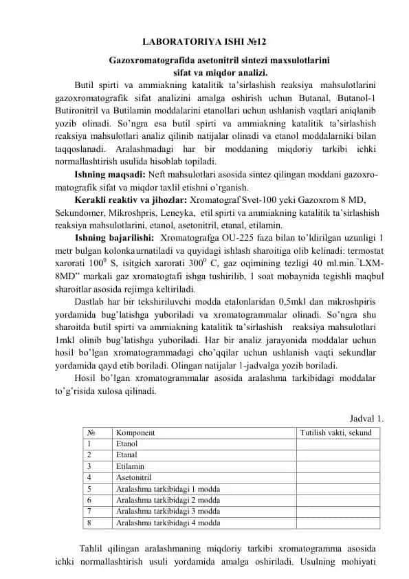 Gazoxromatografida asetonitril sintezi maxsulotlarini sifat va miqdor analizi