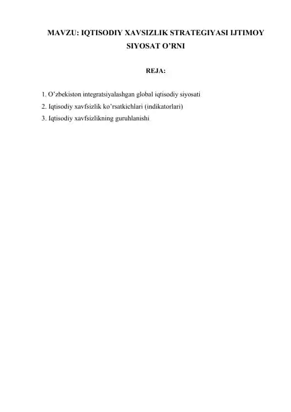 IQTISODIY XAVSIZLIK STRATEGIYASI IJTIMOY SIYOSAT O’RNI