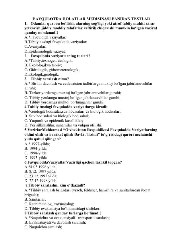 Favqulodda holatlar medisinasi fanidan testlar