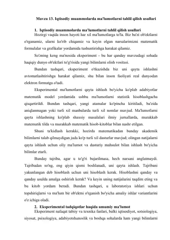Iqtisodiy muammolarda ma'lumotlarni tahlil qilish usullari