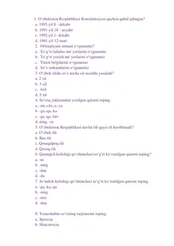 O'zbek tilida Orfoepiya va Fonetika test savollari