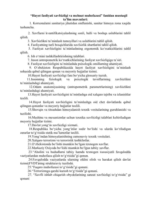Hayot faoliyati xavfsizligi va mehnat muhofazasi fanidan mustaqil ta’lim mavzulari