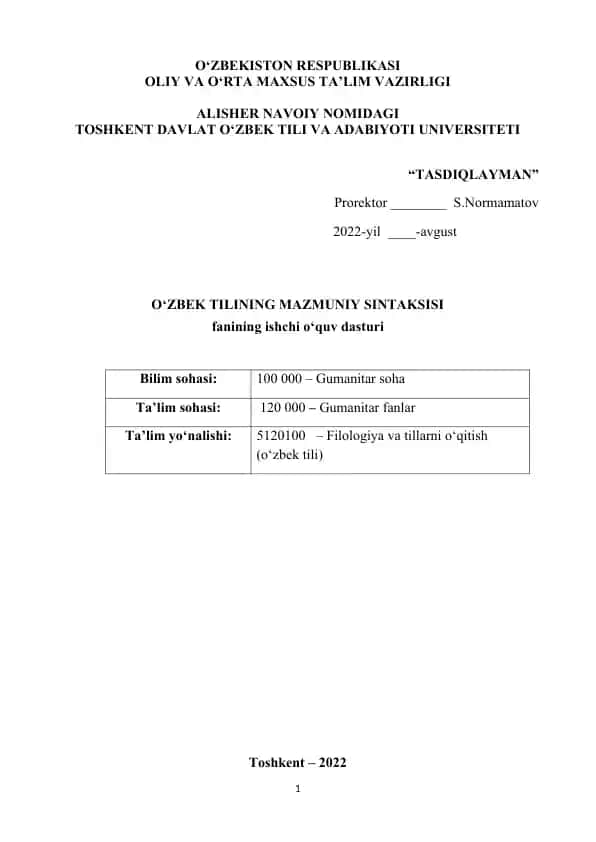 O‘zbek Tilining Mazmuniy Sintaksisi