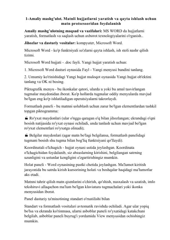 Microsoft Wordda Hujjatlarni Yaratish va Qayta Ishlash