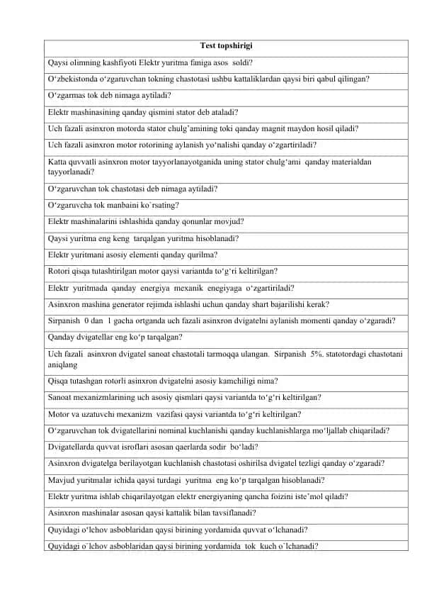 Elektr yuritma faniga doir test topshirigi