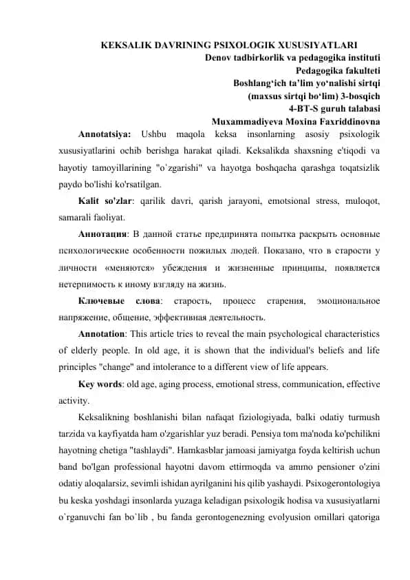 KEKSALIK DAVRINING PSIXOLOGIK XUSUSIYATLARI