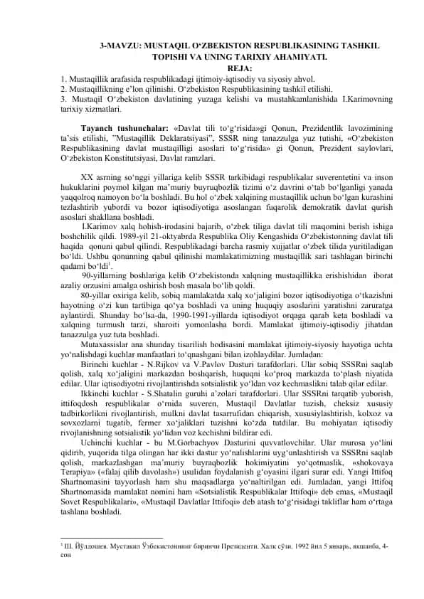 Mustaqil O‘zbekiston Respublikasining Tashkil Topishi va Uning Tarixiy Ahamiyati