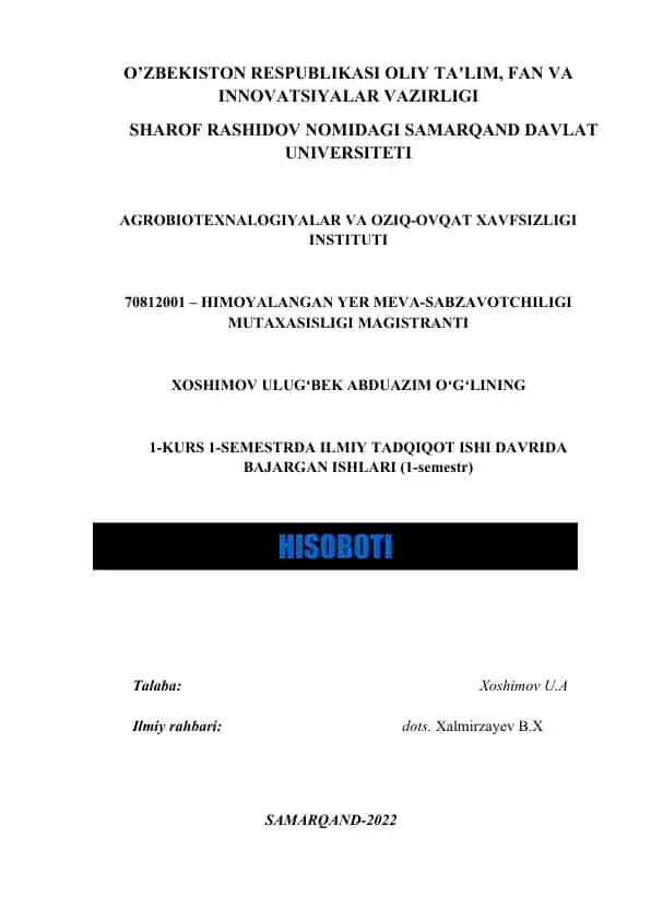 Himoqalandi Yer Meva-Sabzavotchiligi Mutaxasisi Magistranti Hisoboti