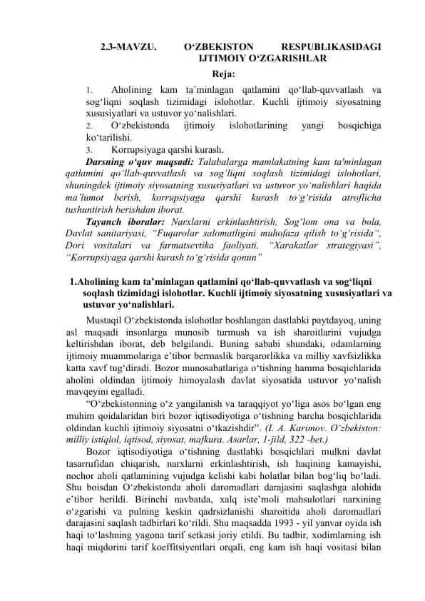 Aholining kam ta’minlagan qatlamini qo‘llab-quvvatlash va sog‘liqni soqlash tizimidagi islohotlar