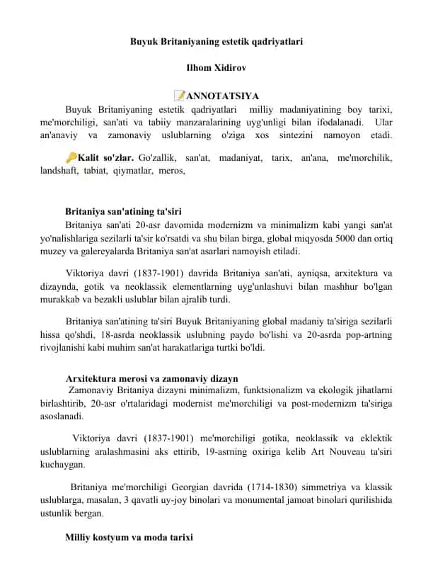 Buyuk Britaniyaning estetik qadriyatlari