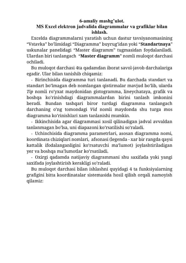 MS Excel elektron jadvalida diagrammalar va grafiklar bilan ishlash