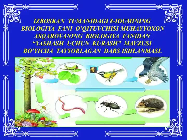 Izboskan tumanidagi 8-idumining biologiya fani "Yashash uchun kurash" mavzusi bo'yicha tayyorlagan dars ishlanmasi