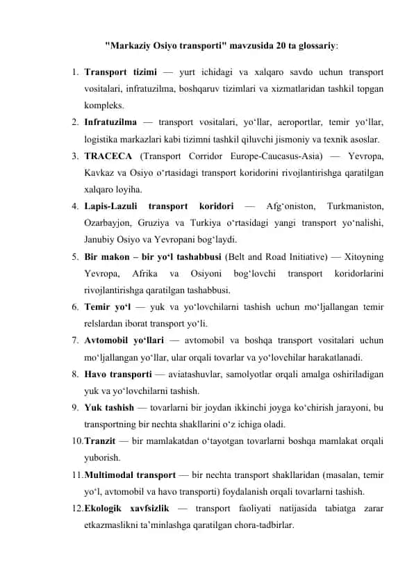 Markaziy Osiyo transporti glossariysi