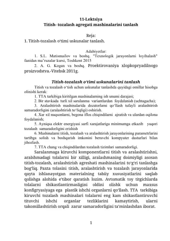 Titish- tozalash agregati mashinalarini tanlash