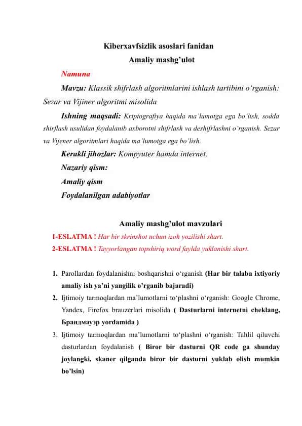 Klassik shifrlash algoritmlarini ishlash tartibi