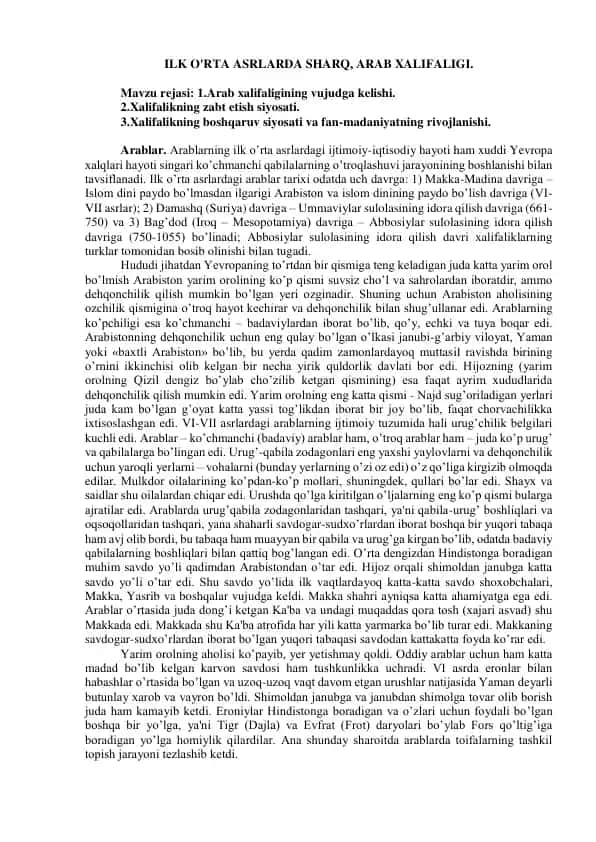 Arab xalifaligining vujudga kelishi va siyosati