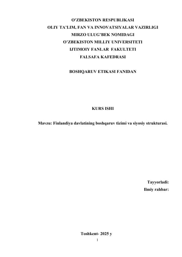 Finlandiya davlatining boshqaruv tizimi va siyosiy strukturasi.