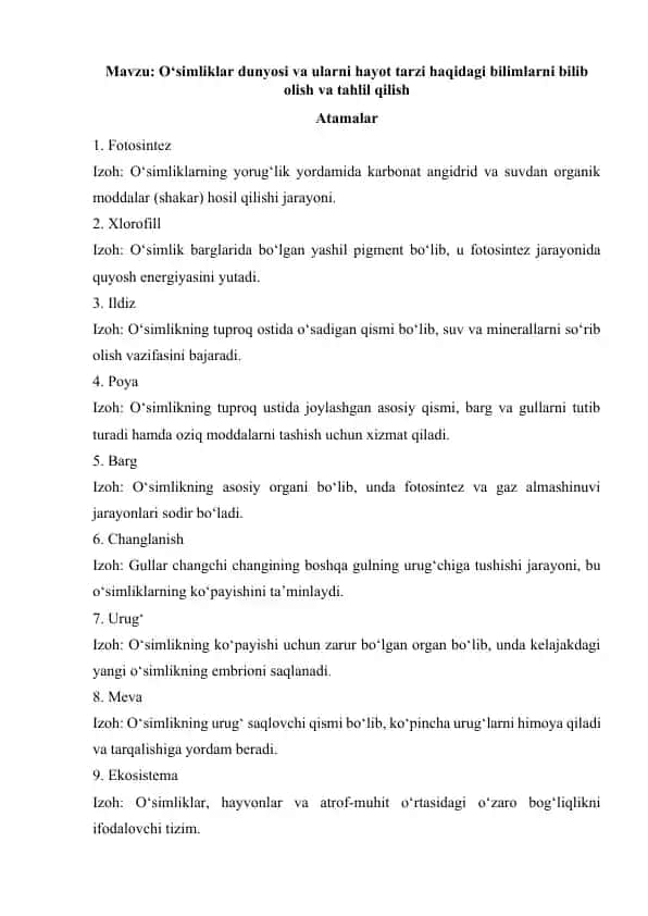 O‘simliklar dunyosi va ularni hayot tarzi haqidagi bilimlarni bilib olish va tahlil qilish