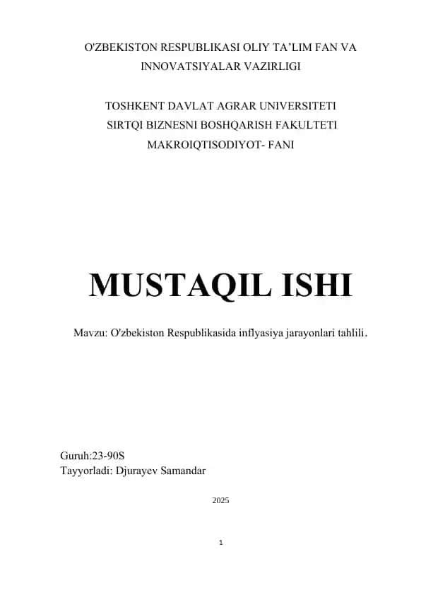 O'zbekiston Respublikasida inflyasiya jarayonlari tahlili