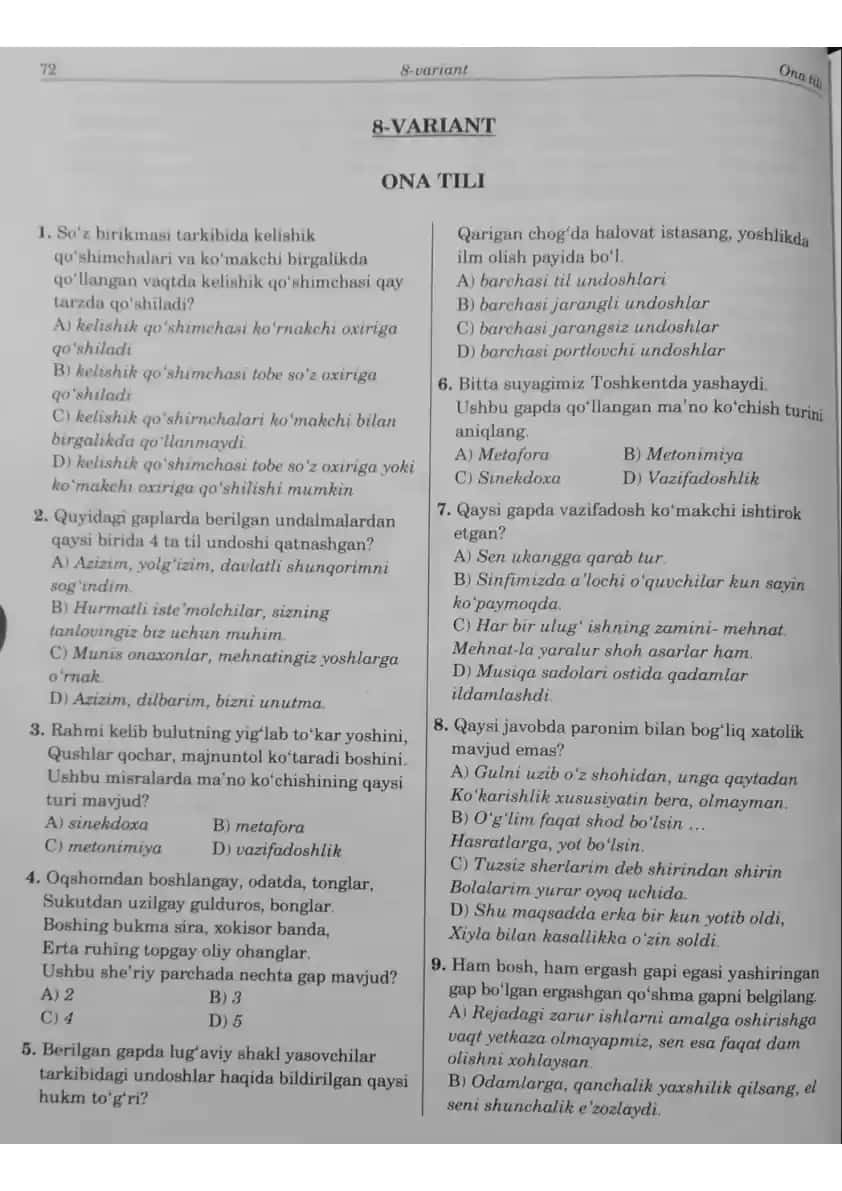 Ona tili test savollari
