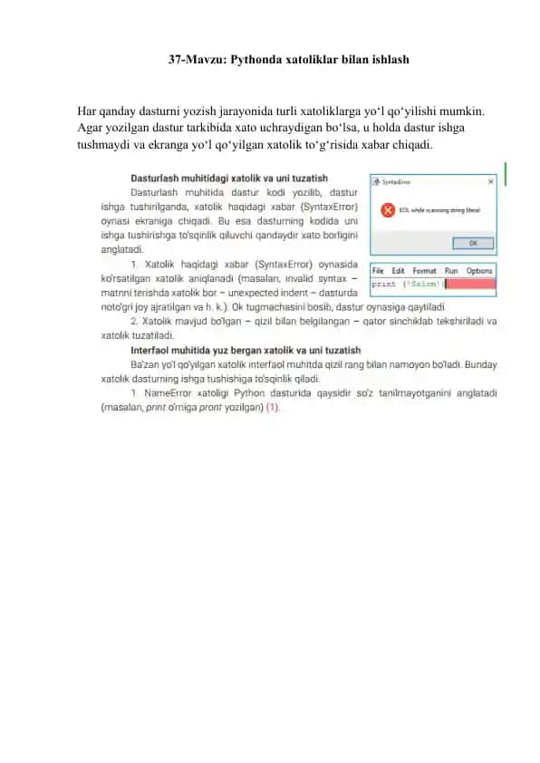 Pythonda xatoliklar bilan ishlash