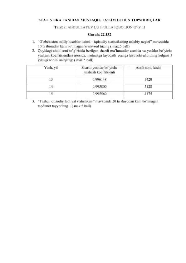 STATISTIKA FANIDAN MUSTAQIL TA’LIM UCHUN TOPSHIRIQLAR