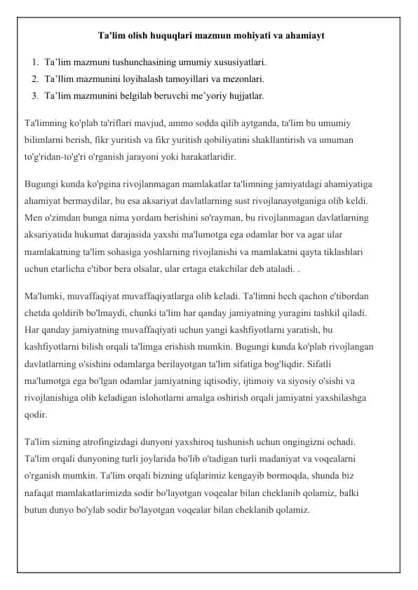 Ta'lim olish huquqlari mazmun mohiyati va ahamiayt