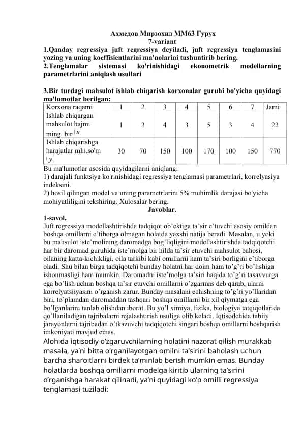 Darajali funktsiya ko‘rinishidagi regressiya tenglamasi va uning tahlili
