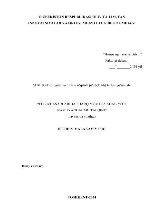 FITRAT ASARLARIDA SHARQ MUMTOZ ADABIYOTI NAMOYANDALARI TALQINI